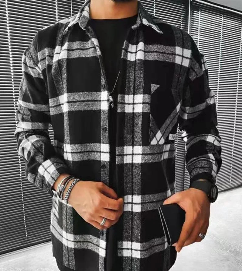 Men's Flannel Shirt with Stand-Up Collar