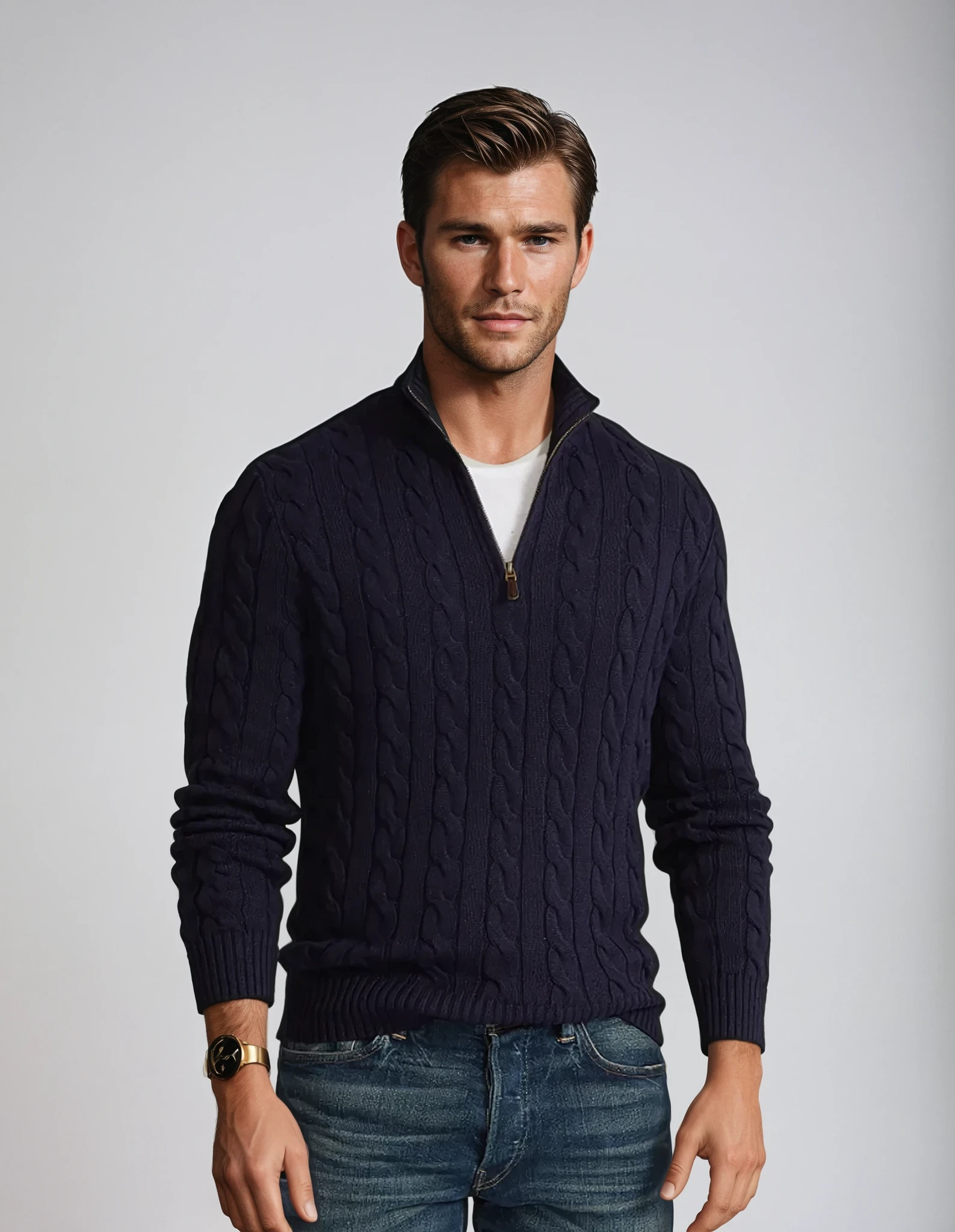 Men's Cable Knit Jumper with Quarter Zip