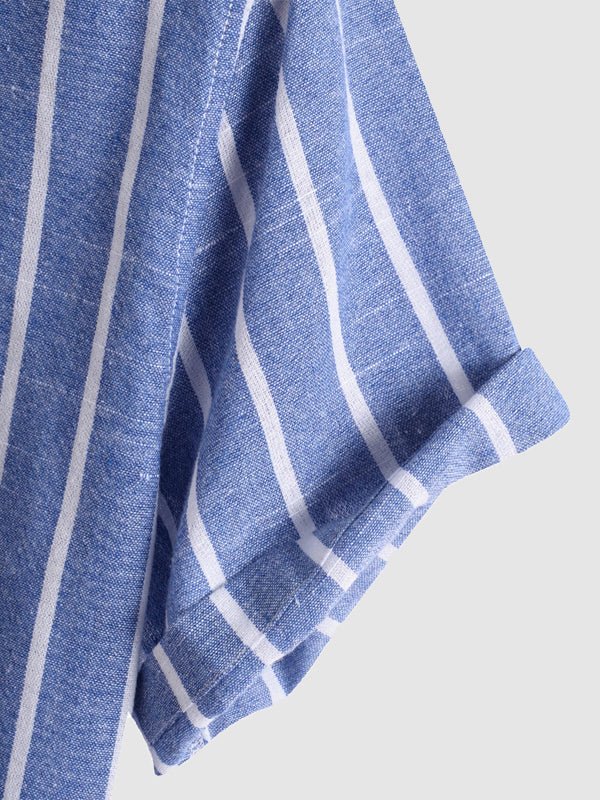 Men's Cotton Linen Striped Mandarin Collar Half Button Shirt Casual Shorts Set