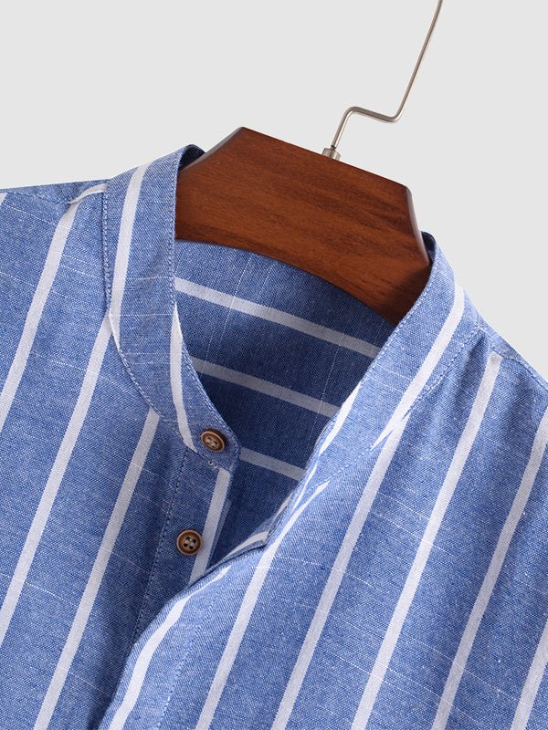 Men's Cotton Linen Striped Mandarin Collar Half Button Shirt Casual Shorts Set