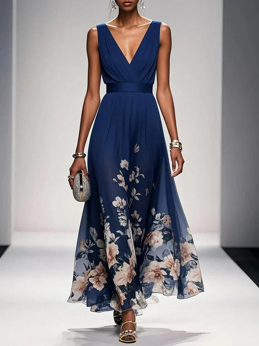 Taylor | Floral Chiffon Deep V Neck Maxi Dress