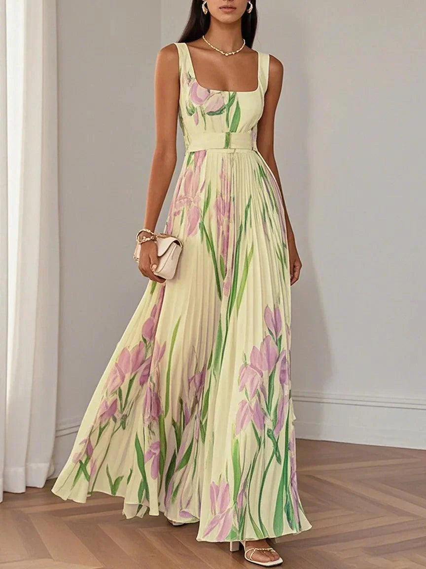Seraphina | Floral Print Square Neck Pleated Maxi Dress