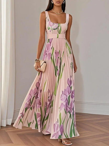 Seraphina | Floral Print Square Neck Pleated Maxi Dress