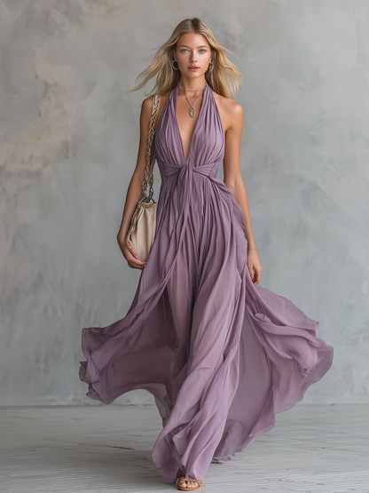Amara | Chiffon Halter Deep V Neck Backless Maxi Dress