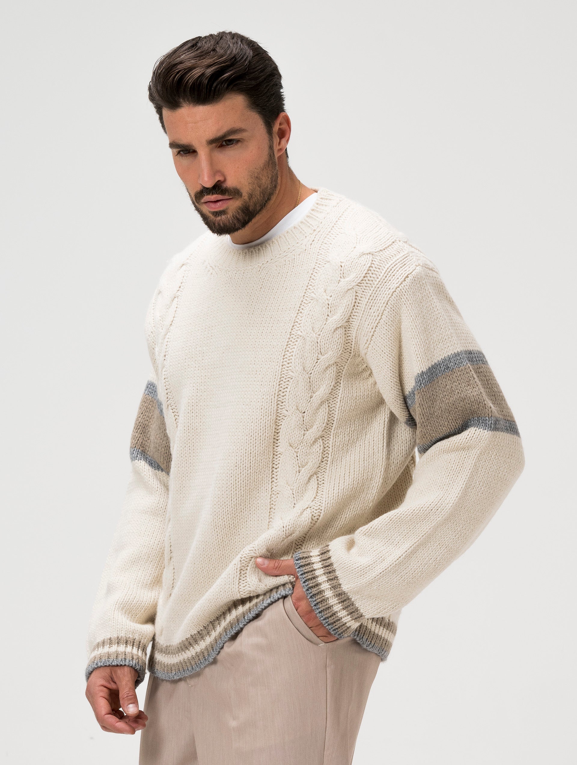 Men's Cable Knit Jumper with Stripes