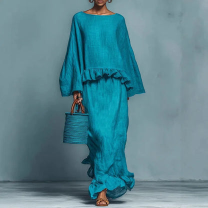 Azaria | Linen Ruffle Hem Long Sleeve Top Maxi Skirt Set