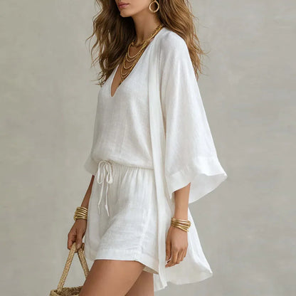 Serena | Linen Three-Piece Cardigan & Shorts Set