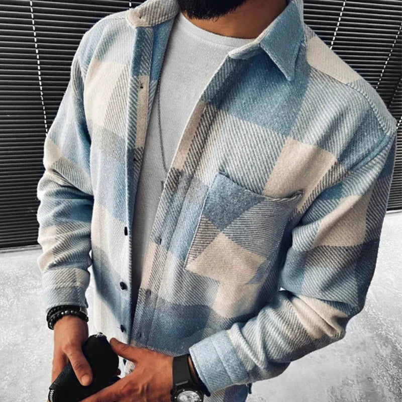Men's Flannel Shirt with Stand-Up Collar