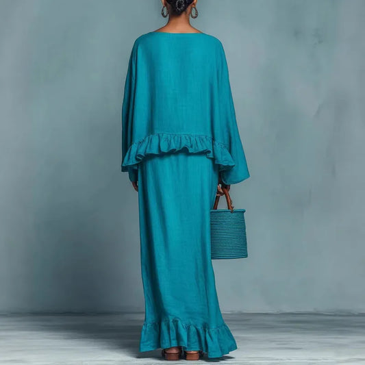 Azaria | Linen Ruffle Hem Long Sleeve Top Maxi Skirt Set