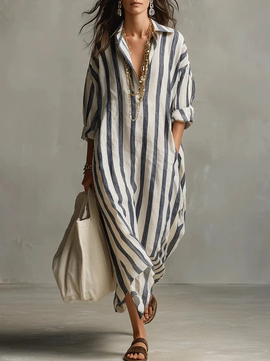 Amaris | Relaxed Striped Linen Long Sleeve Shirt Dress