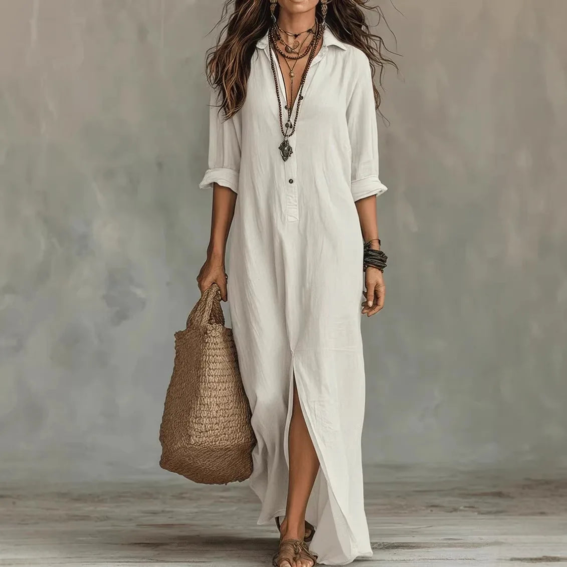 Agnes | Linen Shirt Dress Long Sleeve Front Split