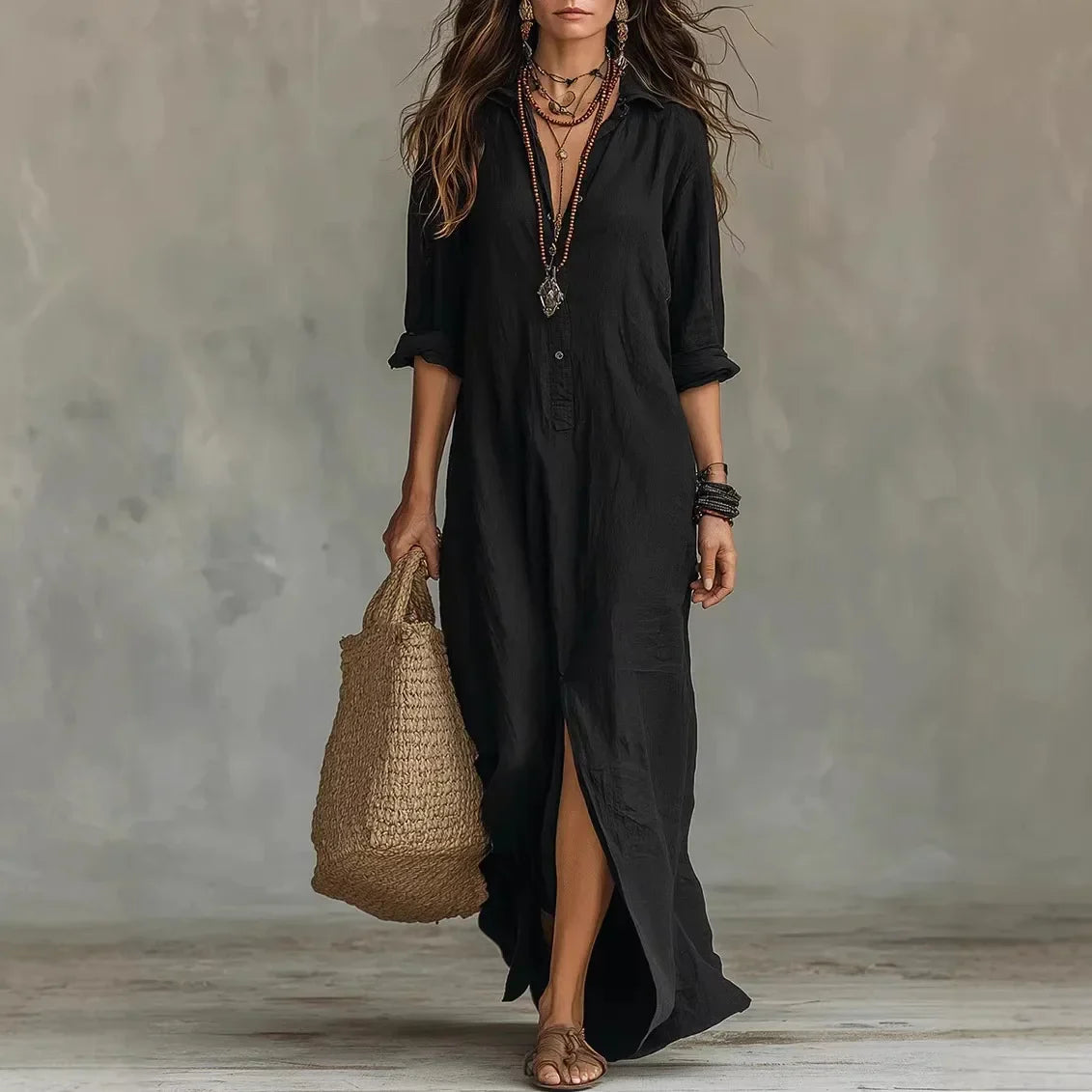 Agnes | Linen Shirt Dress Long Sleeve Front Split