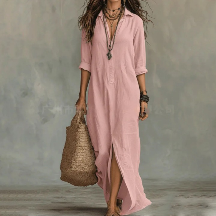 Agnes | Linen Shirt Dress Long Sleeve Front Split