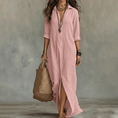Agnes | Linen Shirt Dress Long Sleeve Front Split