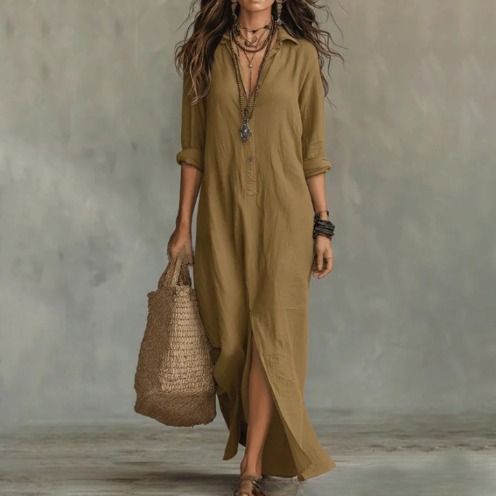 Agnes | Linen Shirt Dress Long Sleeve Front Split