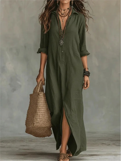 Agnes | Linen Shirt Dress Long Sleeve Front Split