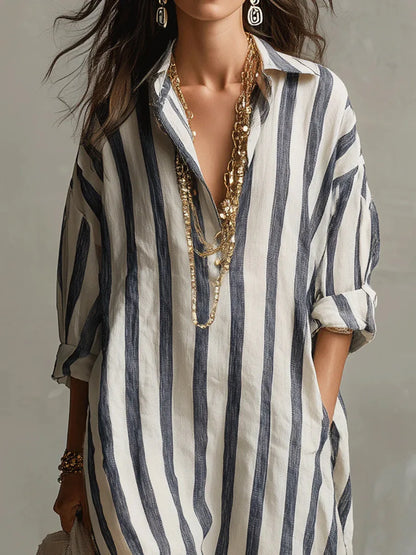 Amaris | Linen Shirt Dress Striped Long Sleeve Oversized