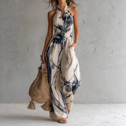 Aria | Women's Printed Halter Jumpsuit Wide Leg Pockets