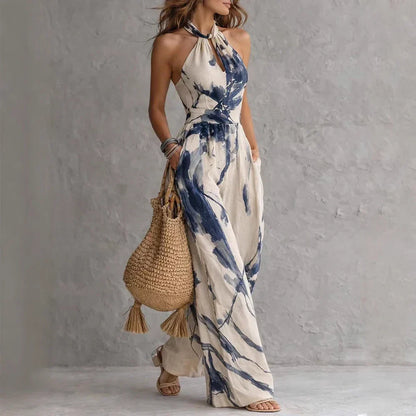 Aria | Women's Printed Halter Jumpsuit Wide Leg Pockets