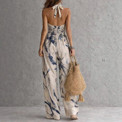 Aria | Women's Printed Halter Jumpsuit Wide Leg Pockets