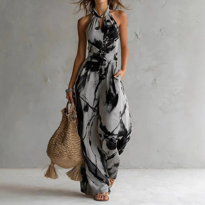 Aria | Women's Printed Halter Jumpsuit Wide Leg Pockets