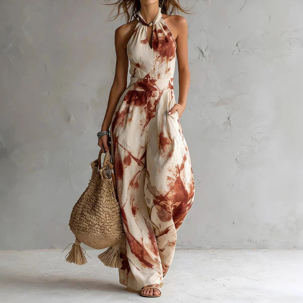 Aria | Women's Printed Halter Jumpsuit Wide Leg Pockets