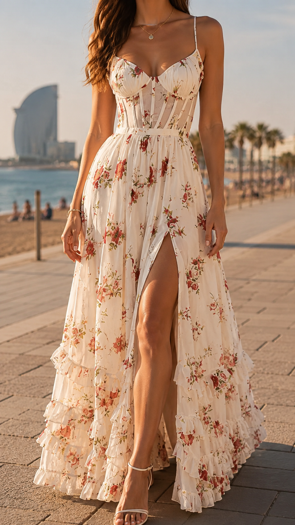 Aurelia | Floral Corset Maxi Dress Ruffle Hem Side Split