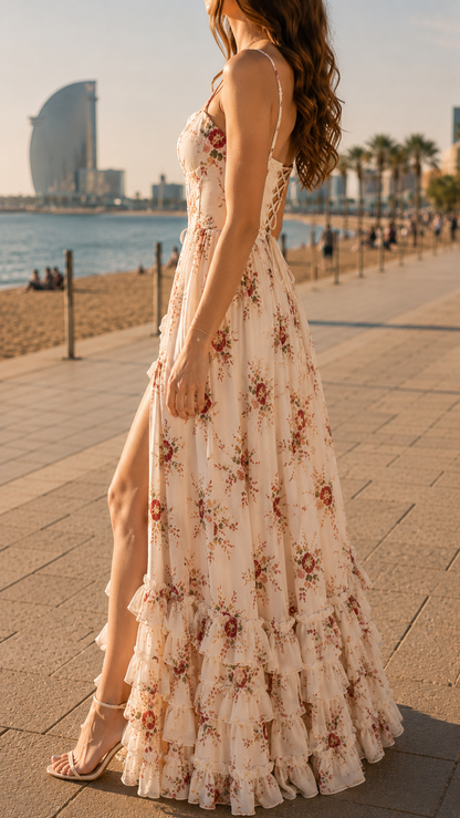 Aurelia | Floral Corset Maxi Dress Ruffle Hem Side Split