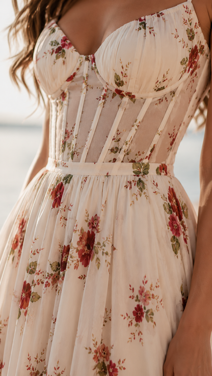 Aurelia | Floral Corset Maxi Dress Ruffle Hem Side Split