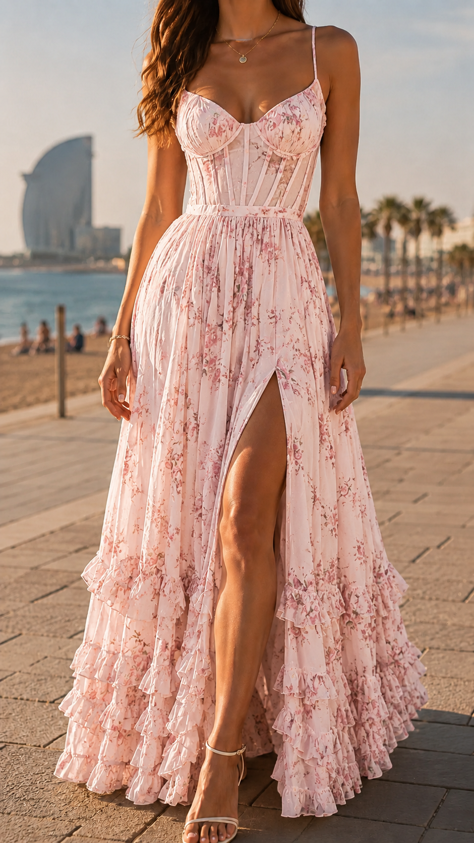 Aurelia | Floral Corset Maxi Dress Ruffle Hem Side Split