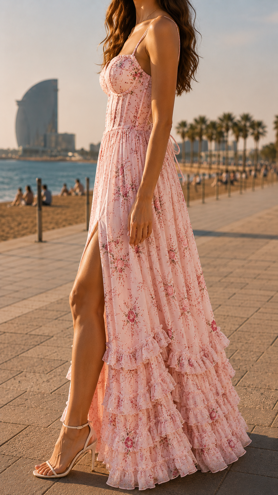 Aurelia | Floral Corset Maxi Dress Ruffle Hem Side Split