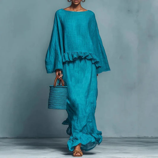 Azaria | Women's Linen Co-ord Set Ruffle Hem Maxi Skirt