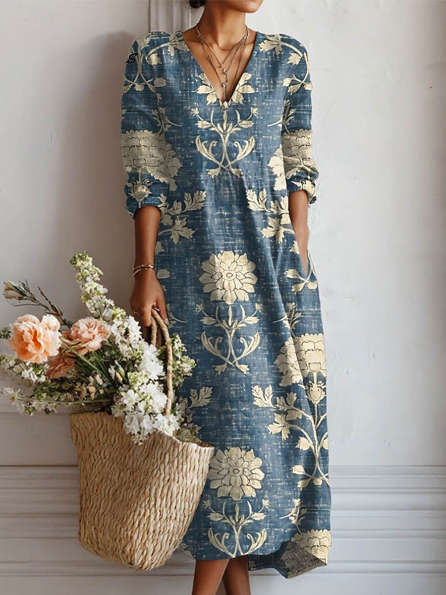 Cla | Linen Floral Maxi Dress V-Neck Long Sleeve Pockets