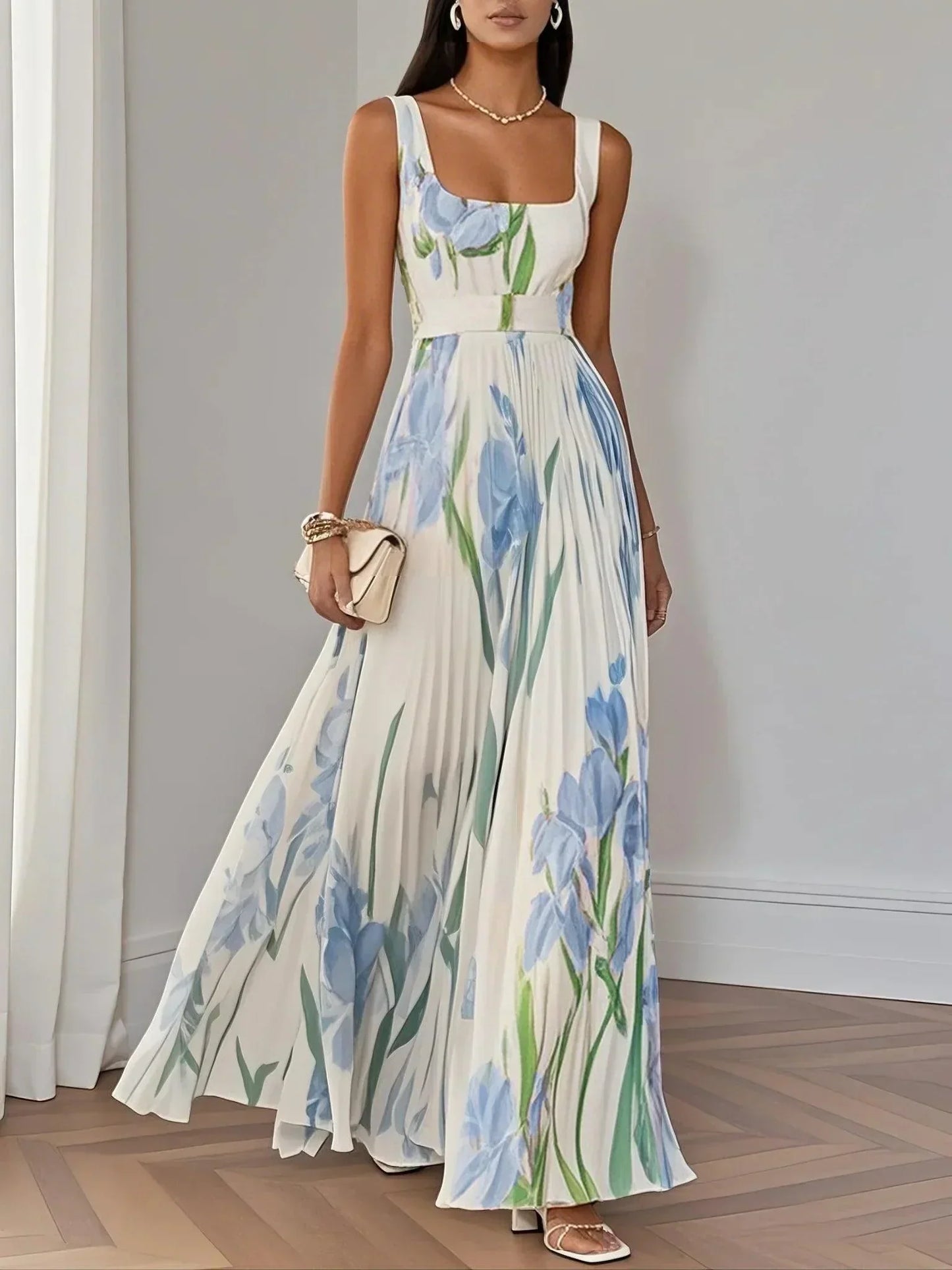 Seraphina | Floral Print Square Neck Pleated Maxi Dress