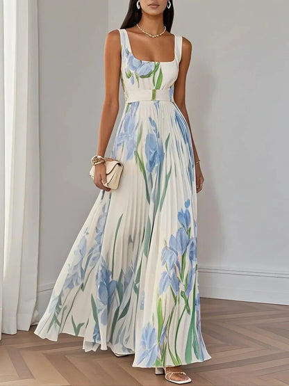 Seraphina | Floral Print Square Neck Pleated Maxi Dress