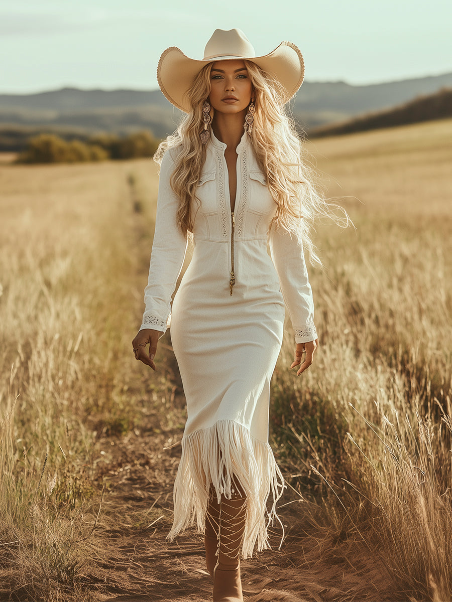 Dakota | Western Midi Dress Fringe Hem Zip Front Bodycon