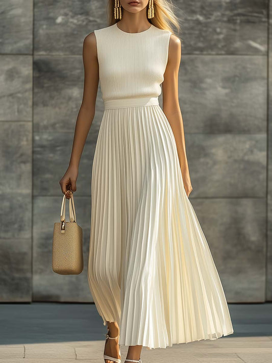 Elise | Pleated Maxi Dress Sleeveless Crew Neck A-Line