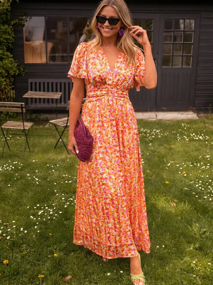Emily | Floral Print V-Neck Short Sleeve Maxi Dress