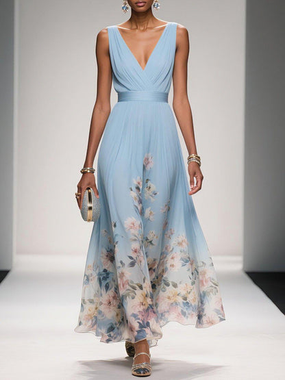 Fiona | Floral Chiffon Maxi Dress V-Neck Belted Draped