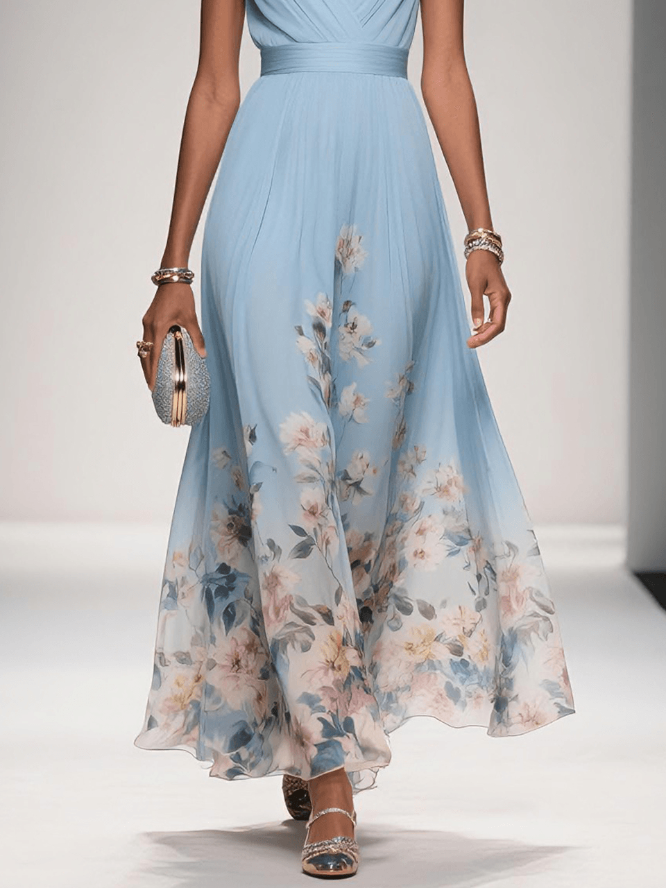 Fiona | Floral Chiffon Maxi Dress V-Neck Belted Draped