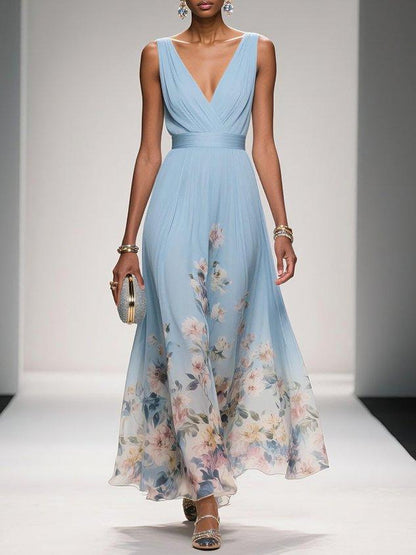 Fiona | Floral Chiffon Maxi Dress V-Neck Belted Draped