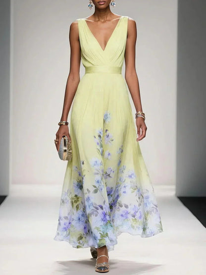 Fiona | Floral Chiffon Maxi Dress V-Neck Belted Draped