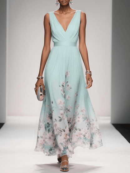 Fiona | Floral Chiffon Maxi Dress V-Neck Belted Draped
