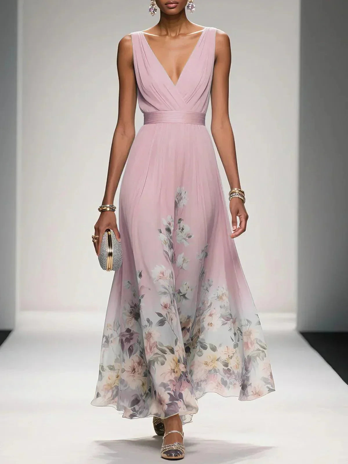 Fiona | Floral Chiffon Maxi Dress V-Neck Belted Draped