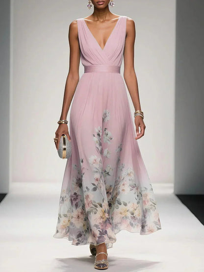 Fiona | Floral Chiffon Maxi Dress V-Neck Belted Draped