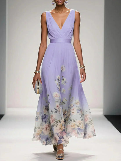 Fiona | Floral Chiffon Maxi Dress V-Neck Belted Draped