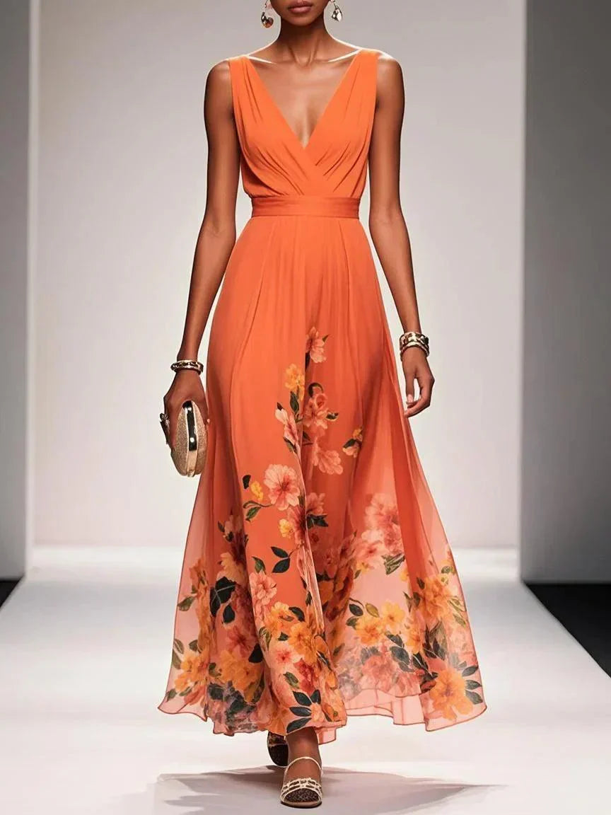 Fiona | Floral Chiffon Maxi Dress V-Neck Belted Draped
