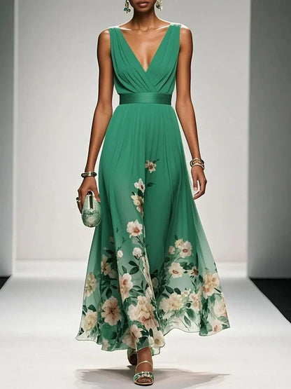 Fiona | Floral Chiffon Maxi Dress V-Neck Belted Draped