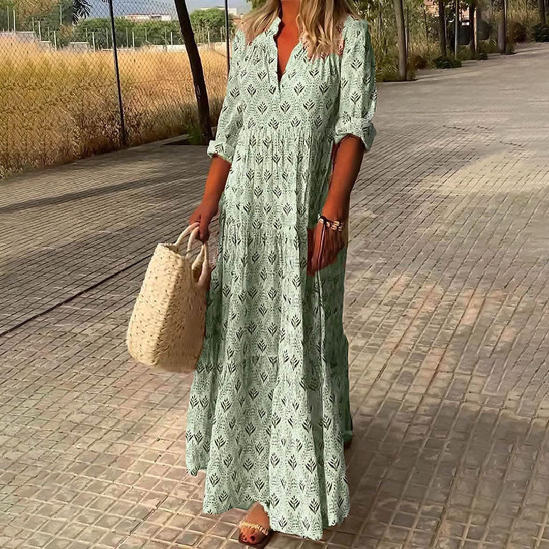 Grace | Printed Maxi Dress V-Neck Long Sleeve Boho