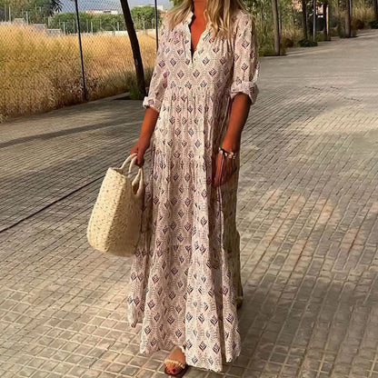 Grace | Printed Maxi Dress V-Neck Long Sleeve Boho